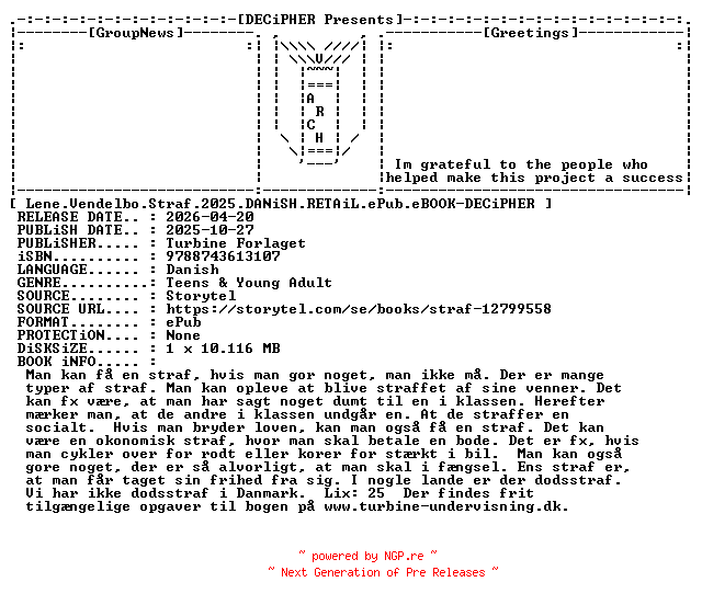 NFO for the release Lene.Vendelbo.Straf.2025.DANiSH.RETAiL.ePub.eBOOK-DECiPHER by DECiPHER
