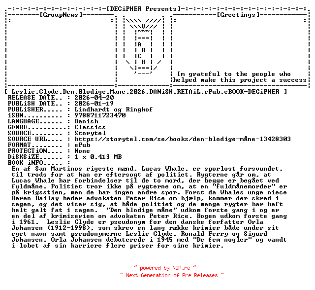 NFO for the release Leslie.Clyde.Den.Blodige.Mane.2026.DANiSH.RETAiL.ePub.eBOOK-DECiPHER by DECiPHER