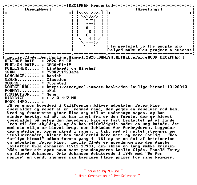 NFO for the release Leslie.Clyde.Den.Farlige.Himmel.2026.DANiSH.RETAiL.ePub.eBOOK-DECiPHER by DECiPHER