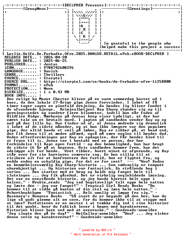 NFO for the release Leslie.Wolfe.De.Forhadte.Ofre.2025.DANiSH.RETAiL.ePub.eBOOK-DECiPHER by DECiPHER
