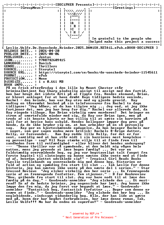 NFO for the release Leslie.Wolfe.De.Uoenskede.Kvinder.2025.DANiSH.RETAiL.ePub.eBOOK-DECiPHER by DECiPHER