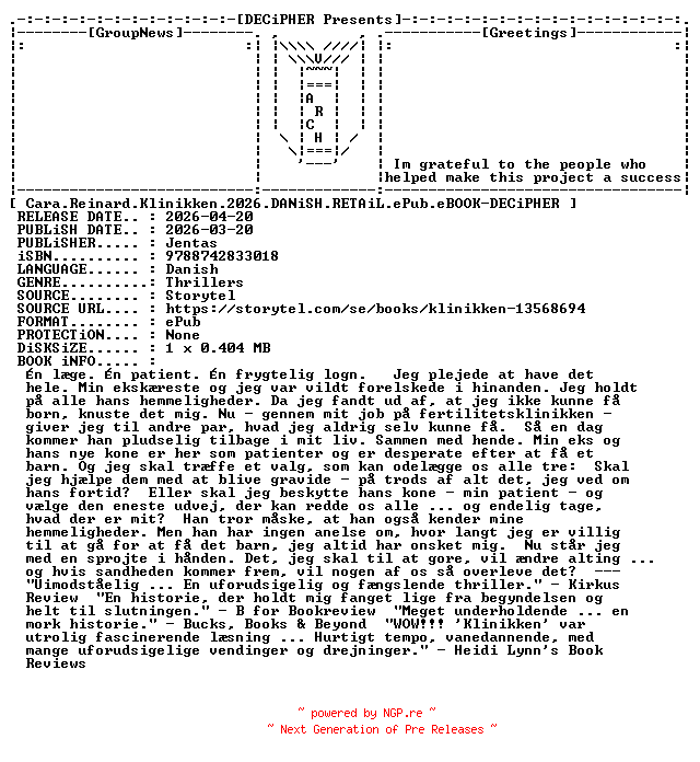NFO for the release Cara.Reinard.Klinikken.2026.DANiSH.RETAiL.ePub.eBOOK-DECiPHER by DECiPHER