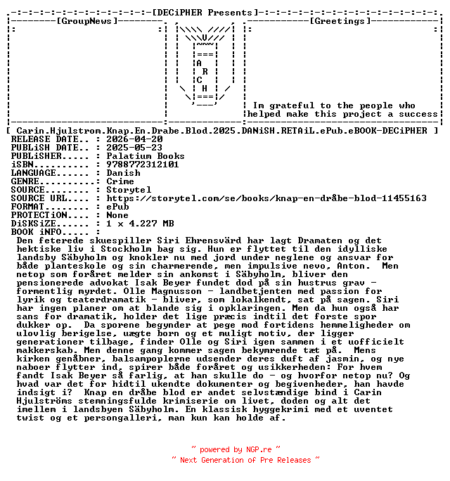 NFO for the release Carin.Hjulstrom.Knap.En.Drabe.Blod.2025.DANiSH.RETAiL.ePub.eBOOK-DECiPHER by DECiPHER