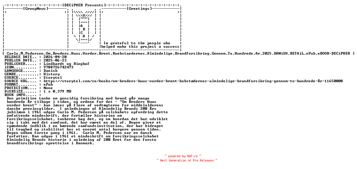 NFO for the release Carlo.M.Pedersen.Om.Broders.Huus.Vorder.Brent.Koebstaedernes.Almindelige.Brandforsikring.Gennem.To.Hundrede.Ar.2025.DANiSH.RETAiL.ePub.eBOOK-DECiPHER by DECiPHER