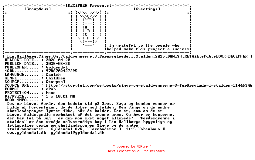 NFO for the release Lin.Hallberg.Sigge.Og.Staldvennerne.3.Forarsglaede.I.Stalden.2025.DANiSH.RETAiL.ePub.eBOOK-DECiPHER by DECiPHER