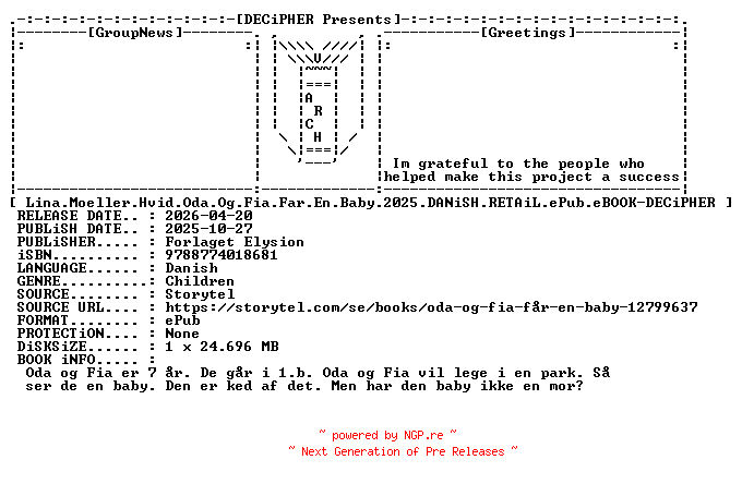 NFO for the release Lina.Moeller.Hvid.Oda.Og.Fia.Far.En.Baby.2025.DANiSH.RETAiL.ePub.eBOOK-DECiPHER by DECiPHER