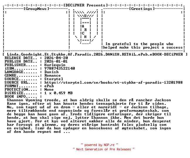 NFO for the release Linda.Goodnight.Et.Stykke.Af.Paradis.2026.DANiSH.RETAiL.ePub.eBOOK-DECiPHER by DECiPHER
