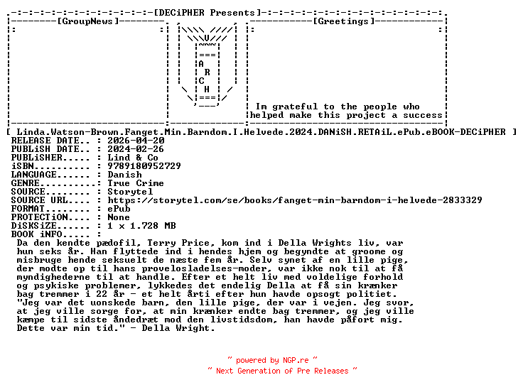 NFO for the release Linda.Watson.Brown.Fanget.Min.Barndom.I.Helvede.2024.DANiSH.RETAiL.ePub.eBOOK-DECiPHER by DECiPHER
