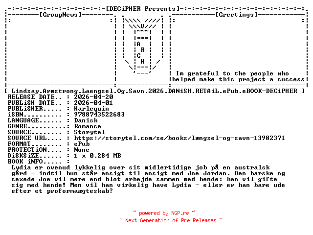 NFO for the release Lindsay.Armstrong.Laengsel.Og.Savn.2026.DANiSH.RETAiL.ePub.eBOOK-DECiPHER by DECiPHER