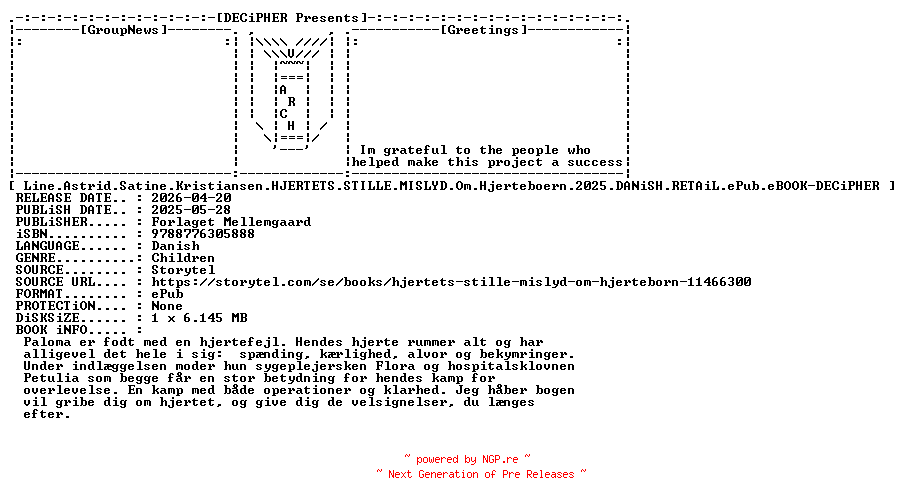 NFO for the release Line.Astrid.Satine.Kristiansen.Hjertets.Stille.Mislyd.Om.Hjerteboern.2025.DANiSH.RETAiL.ePub.eBOOK-DECiPHER by DECiPHER
