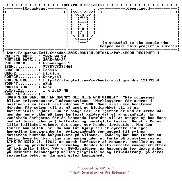 NFO for the release Line.Baugstoe.Evil.Grandma.2025.DANiSH.RETAiL.ePub.eBOOK-DECiPHER by DECiPHER