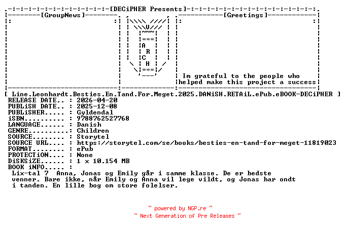 NFO for the release Line.Leonhardt.Besties.En.Tand.For.Meget.2025.DANiSH.RETAiL.ePub.eBOOK-DECiPHER by DECiPHER