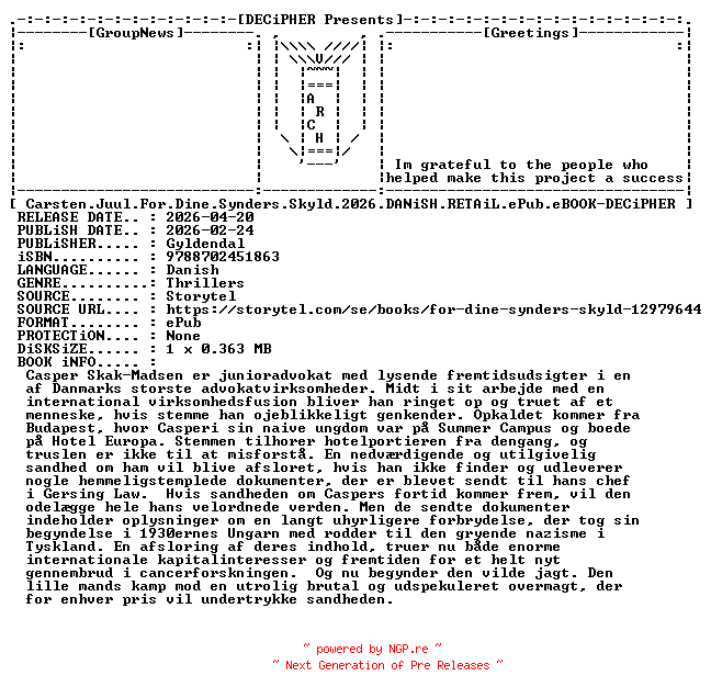 NFO for the release Carsten.Juul.For.Dine.Synders.Skyld.2026.DANiSH.RETAiL.ePub.eBOOK-DECiPHER by DECiPHER