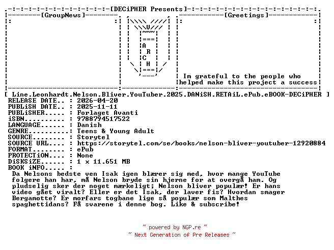 NFO for the release Line.Leonhardt.Nelson.Bliver.YouTuber.2025.DANiSH.RETAiL.ePub.eBOOK-DECiPHER by DECiPHER