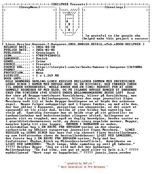 NFO for the release Linse.Kessler.Haevnen.I.Hangaren.2026.DANiSH.RETAiL.ePub.eBOOK-DECiPHER by DECiPHER