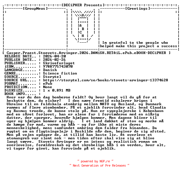 NFO for the release Casper.Praest.Stoevets.Arvinger.2026.DANiSH.RETAiL.ePub.eBOOK-DECiPHER by DECiPHER