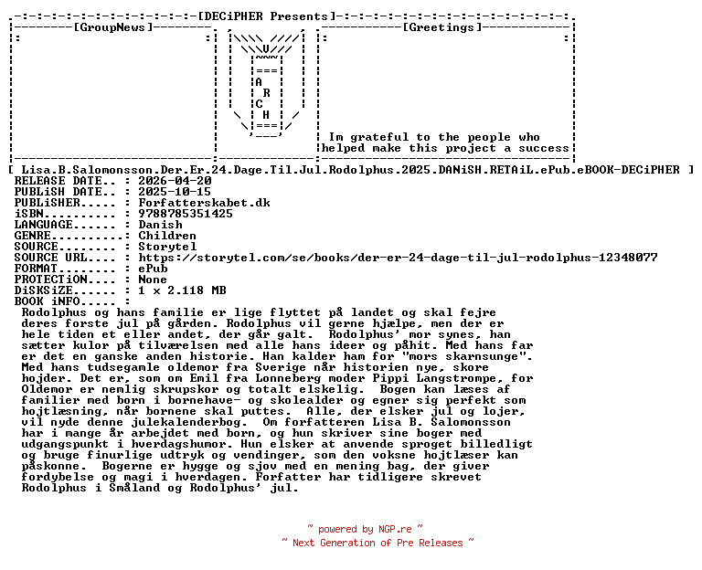 NFO for the release Lisa.B.Salomonsson.Der.Er.24.Dage.Til.Jul.Rodolphus.2025.DANiSH.RETAiL.ePub.eBOOK-DECiPHER by DECiPHER
