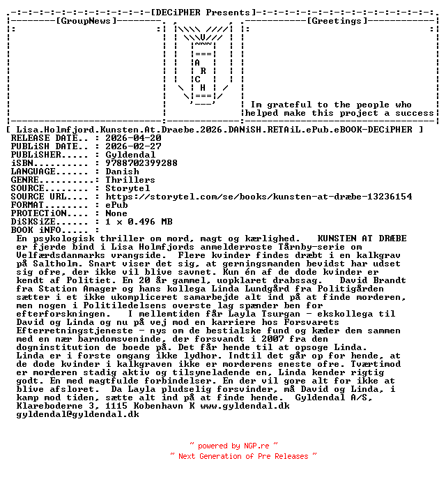 NFO for the release Lisa.Holmfjord.Kunsten.At.Draebe.2026.DANiSH.RETAiL.ePub.eBOOK-DECiPHER by DECiPHER