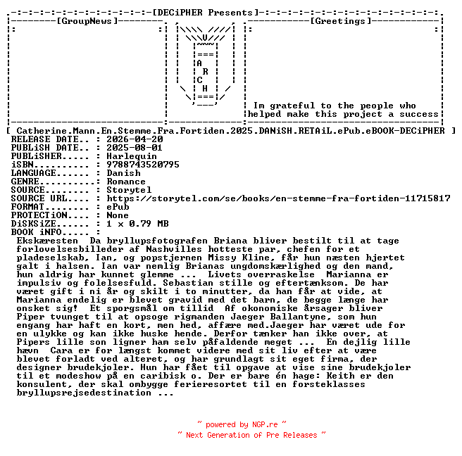 NFO for the release Catherine.Mann.En.Stemme.Fra.Fortiden.2025.DANiSH.RETAiL.ePub.eBOOK-DECiPHER by DECiPHER