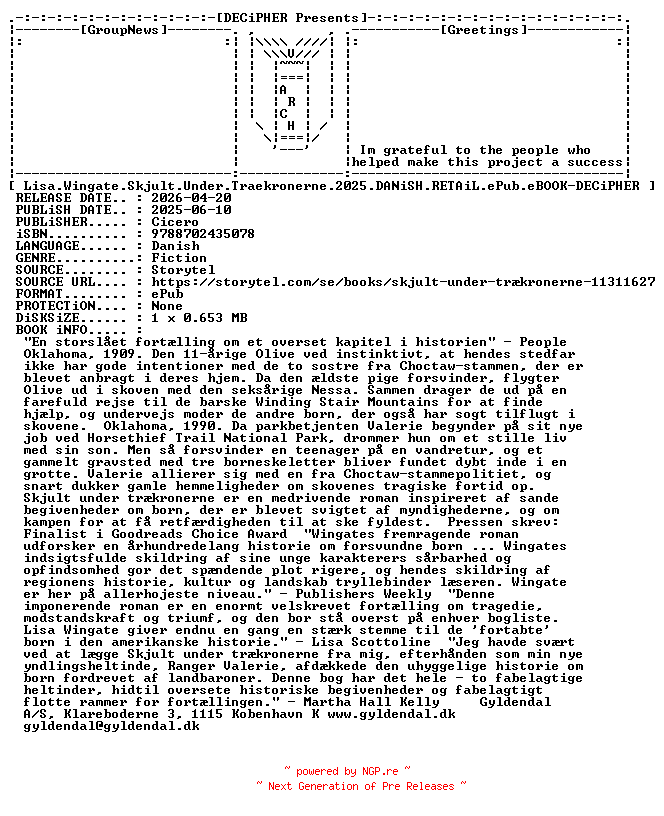 NFO for the release Lisa.Wingate.Skjult.Under.Traekronerne.2025.DANiSH.RETAiL.ePub.eBOOK-DECiPHER by DECiPHER