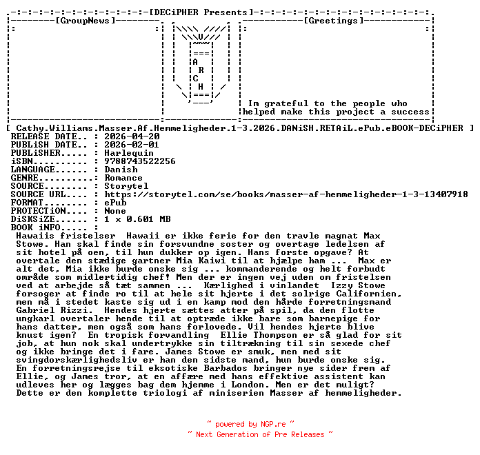 NFO for the release Cathy.Williams.Masser.Af.Hemmeligheder.1-3.2026.DANiSH.RETAiL.ePub.eBOOK-DECiPHER by DECiPHER