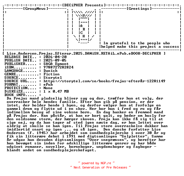 NFO for the release Lise.Andersen.Frejas.Efterar.2025.DANiSH.RETAiL.ePub.eBOOK-DECiPHER by DECiPHER