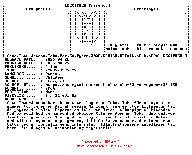 NFO for the release Cato.Thau.Jensen.Toke.Far.Et.Egern.2025.DANiSH.RETAiL.ePub.eBOOK-DECiPHER by DECiPHER