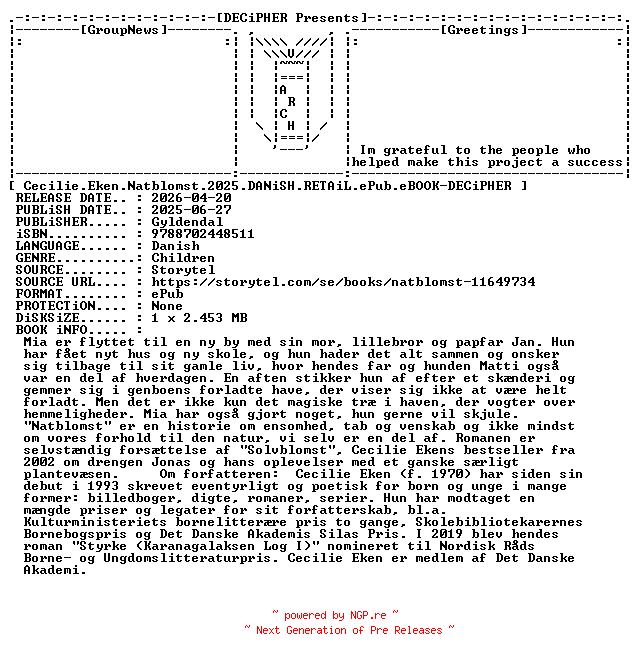 NFO for the release Cecilie.Eken.Natblomst.2025.DANiSH.RETAiL.ePub.eBOOK-DECiPHER by DECiPHER