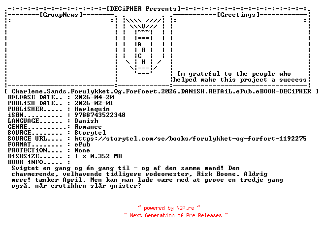 NFO for the release Charlene.Sands.Forulykket.Og.Forfoert.2026.DANiSH.RETAiL.ePub.eBOOK-DECiPHER by DECiPHER