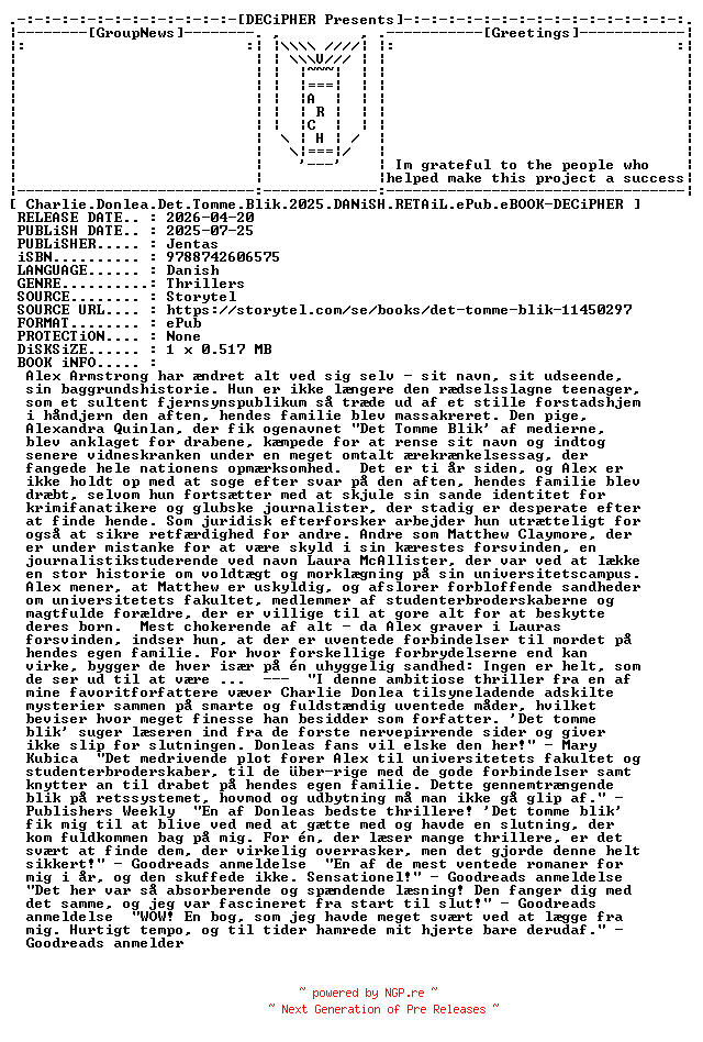 NFO for the release Charlie.Donlea.Det.Tomme.Blik.2025.DANiSH.RETAiL.ePub.eBOOK-DECiPHER by DECiPHER