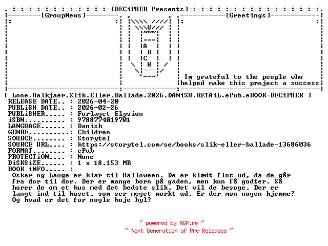 NFO for the release Lone.Halkjaer.Slik.Eller.Ballade.2026.DANiSH.RETAiL.ePub.eBOOK-DECiPHER by DECiPHER
