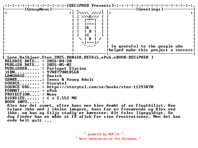NFO for the release Lone.Halkjaer.Sten.2025.DANiSH.RETAiL.ePub.eBOOK-DECiPHER by DECiPHER