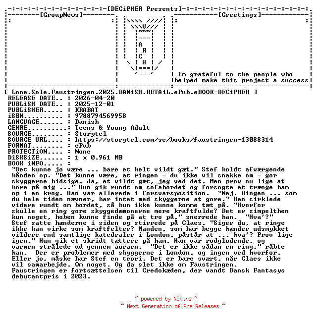 NFO for the release Lone.Sole.Faustringen.2025.DANiSH.RETAiL.ePub.eBOOK-DECiPHER by DECiPHER