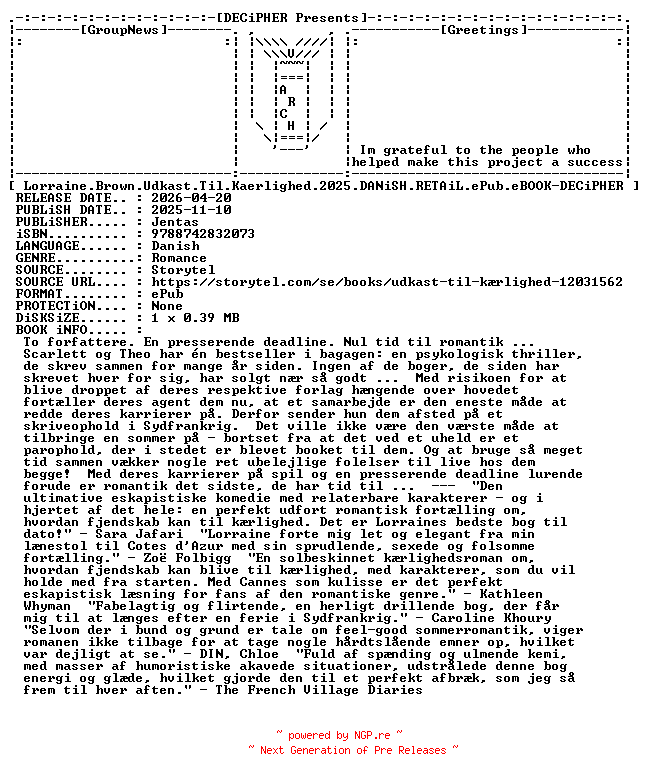 NFO for the release Lorraine.Brown.Udkast.Til.Kaerlighed.2025.DANiSH.RETAiL.ePub.eBOOK-DECiPHER by DECiPHER