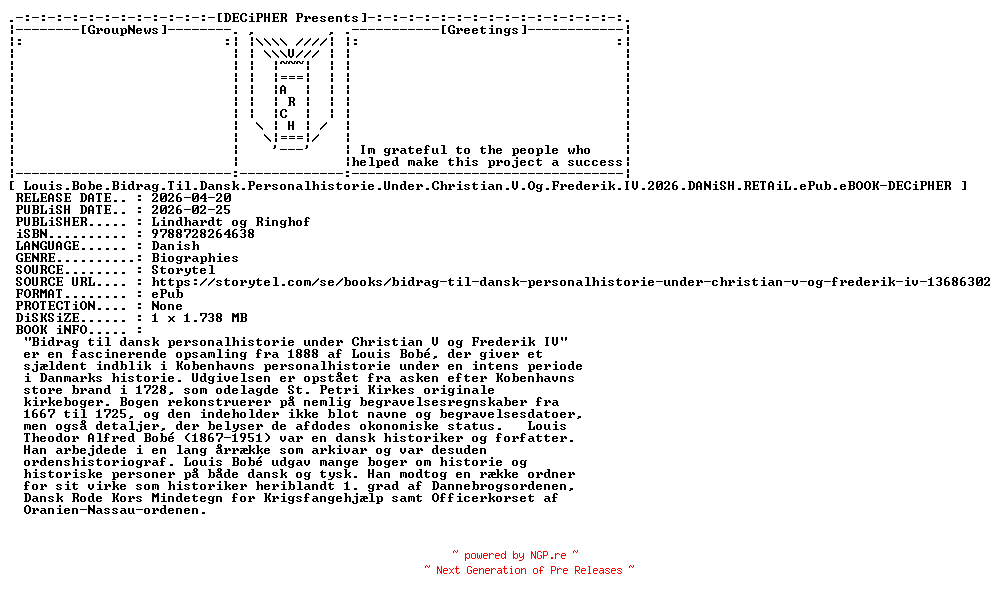 NFO for the release Louis.Bobe.Bidrag.Til.Dansk.Personalhistorie.Under.Christian.V.Og.Frederik.IV.2026.DANiSH.RETAiL.ePub.eBOOK-DECiPHER by DECiPHER