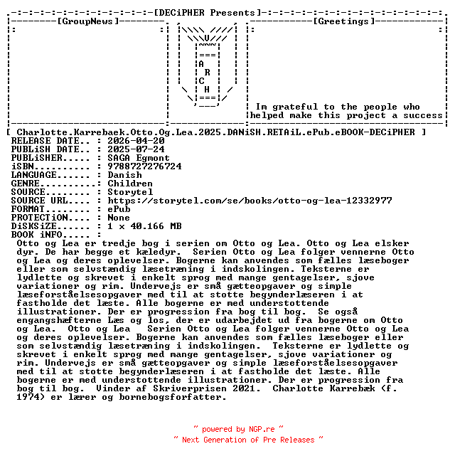 NFO for the release Charlotte.Karrebaek.Otto.Og.Lea.2025.DANiSH.RETAiL.ePub.eBOOK-DECiPHER by DECiPHER