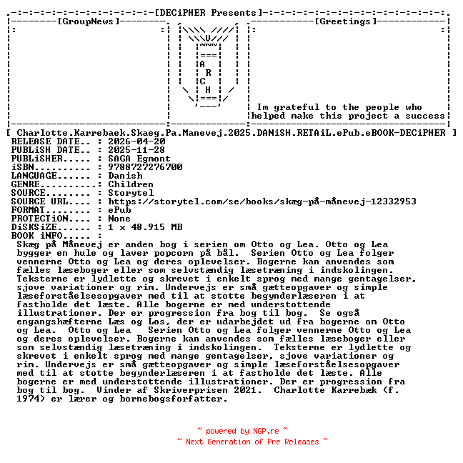 NFO for the release Charlotte.Karrebaek.Skaeg.Pa.Manevej.2025.DANiSH.RETAiL.ePub.eBOOK-DECiPHER by DECiPHER