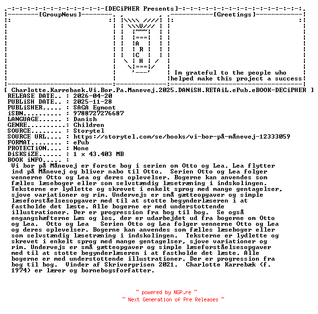 NFO for the release Charlotte.Karrebaek.Vi.Bor.Pa.Manevej.2025.DANiSH.RETAiL.ePub.eBOOK-DECiPHER by DECiPHER