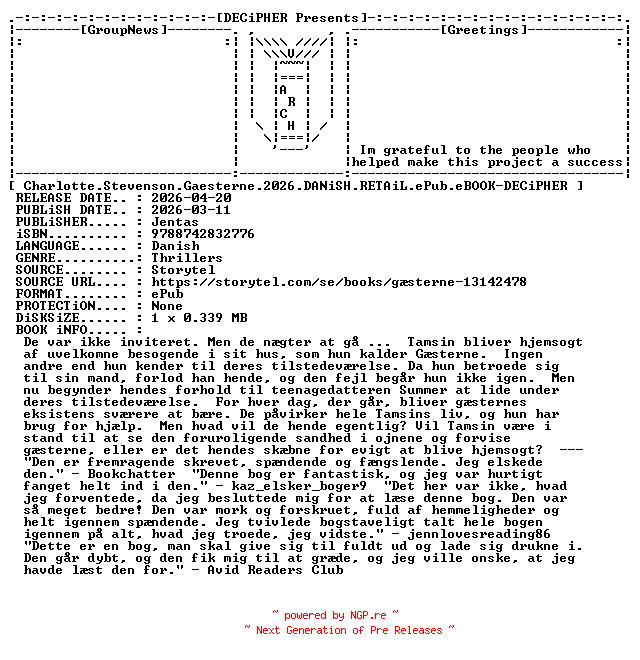 NFO for the release Charlotte.Stevenson.Gaesterne.2026.DANiSH.RETAiL.ePub.eBOOK-DECiPHER by DECiPHER