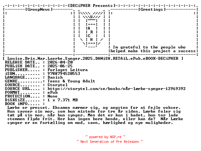 NFO for the release Louise.Brix.Nar.Laerke.Synger.2025.DANiSH.RETAiL.ePub.eBOOK-DECiPHER by DECiPHER