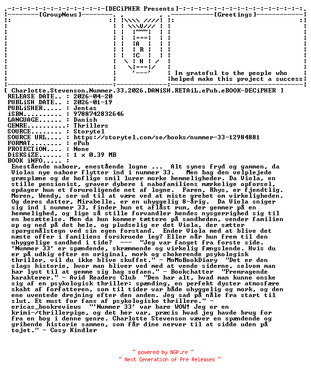 NFO for the release Charlotte.Stevenson.Nummer.33.2026.DANiSH.RETAiL.ePub.eBOOK-DECiPHER by DECiPHER