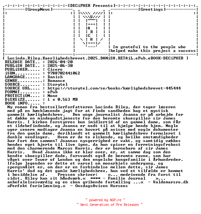 NFO for the release Lucinda.Riley.Kaerlighedsbrevet.2025.DANiSH.RETAiL.ePub.eBOOK-DECiPHER by DECiPHER