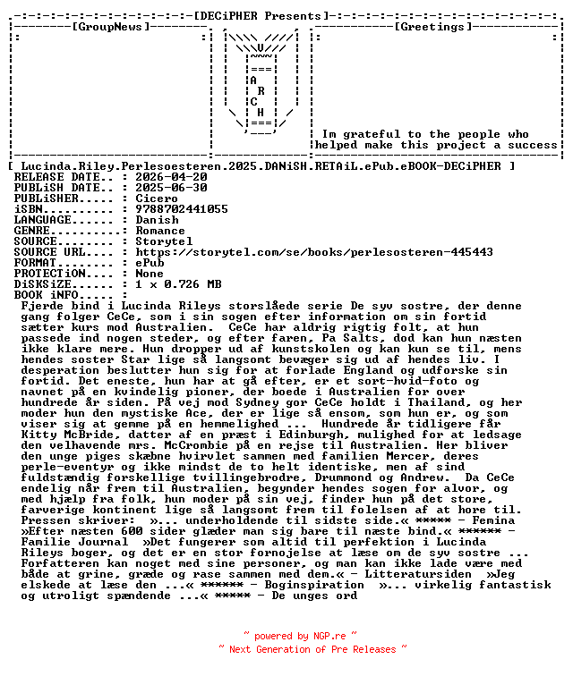 NFO for the release Lucinda.Riley.Perlesoesteren.2025.DANiSH.RETAiL.ePub.eBOOK-DECiPHER by DECiPHER