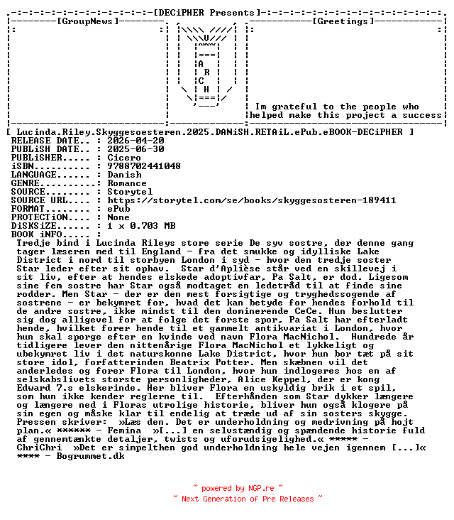 NFO for the release Lucinda.Riley.Skyggesoesteren.2025.DANiSH.RETAiL.ePub.eBOOK-DECiPHER by DECiPHER