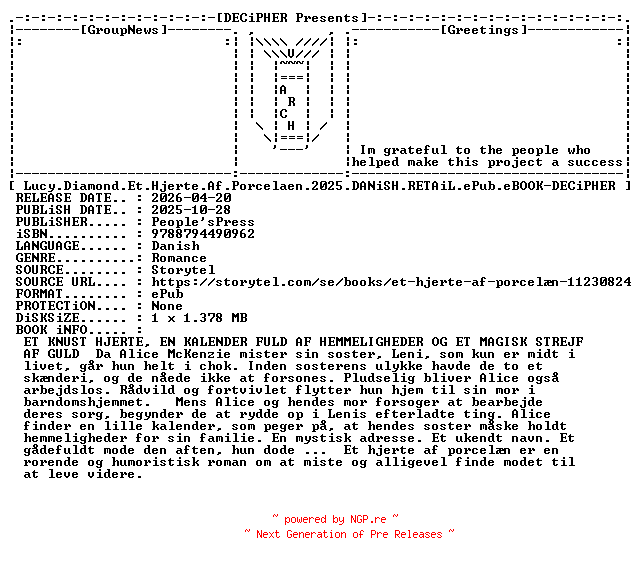 NFO for the release Lucy.Diamond.Et.Hjerte.Af.Porcelaen.2025.DANiSH.RETAiL.ePub.eBOOK-DECiPHER by DECiPHER