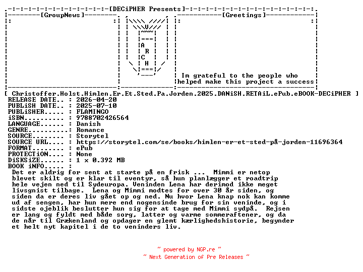 NFO for the release Christoffer.Holst.Himlen.Er.Et.Sted.Pa.Jorden.2025.DANiSH.RETAiL.ePub.eBOOK-DECiPHER by DECiPHER