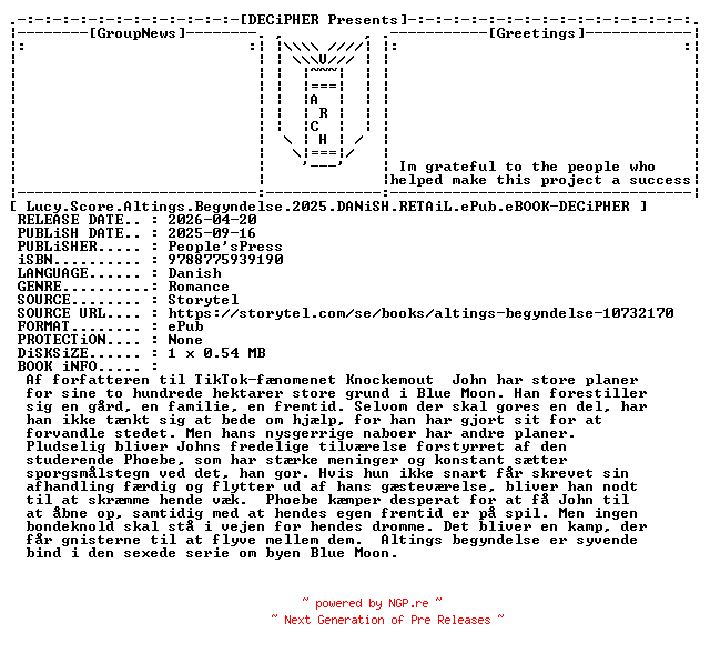 NFO for the release Lucy.Score.Altings.Begyndelse.2025.DANiSH.RETAiL.ePub.eBOOK-DECiPHER by DECiPHER