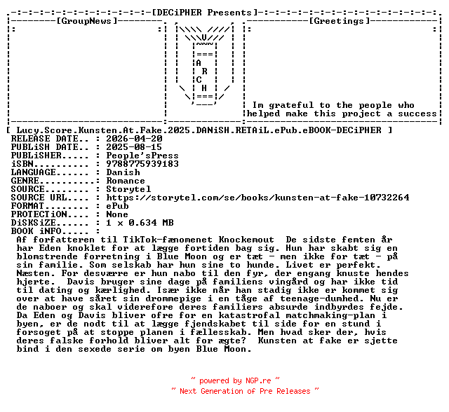 NFO for the release Lucy.Score.Kunsten.At.Fake.2025.DANiSH.RETAiL.ePub.eBOOK-DECiPHER by DECiPHER