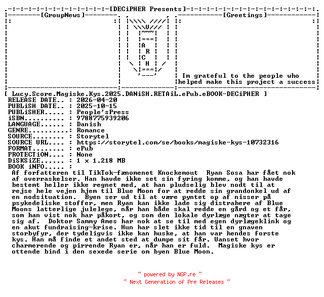 NFO for the release Lucy.Score.Magiske.Kys.2025.DANiSH.RETAiL.ePub.eBOOK-DECiPHER by DECiPHER