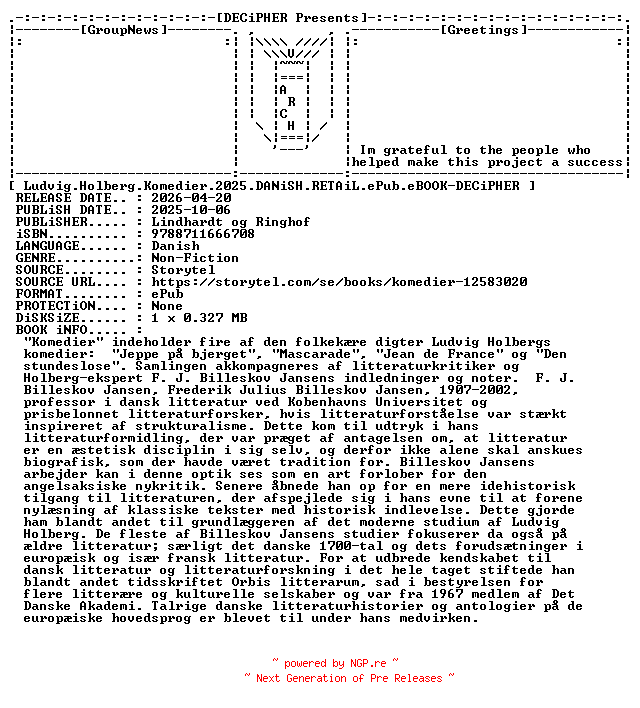 NFO for the release Ludvig.Holberg.Komedier.2025.DANiSH.RETAiL.ePub.eBOOK-DECiPHER by DECiPHER